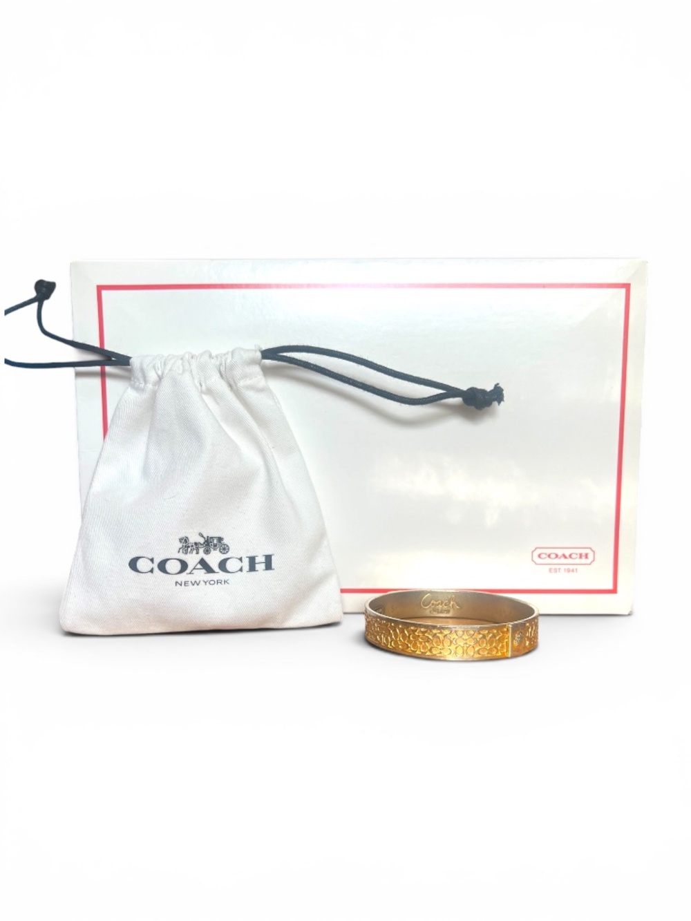 Coach Gold Tone Signature Logo Hinged Bangle Bracelet w Dust Bag Box - Picture 2 of 4